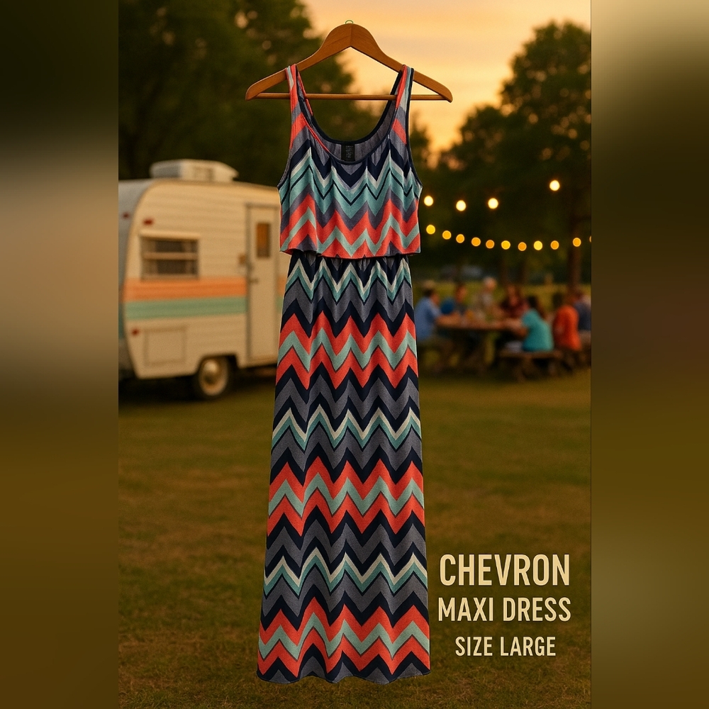 Chevron Maxi Dress - Blue and Pink, Size